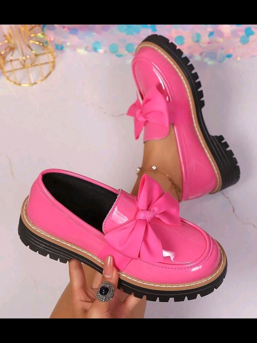 Patent Pink Bow Loafers for Women